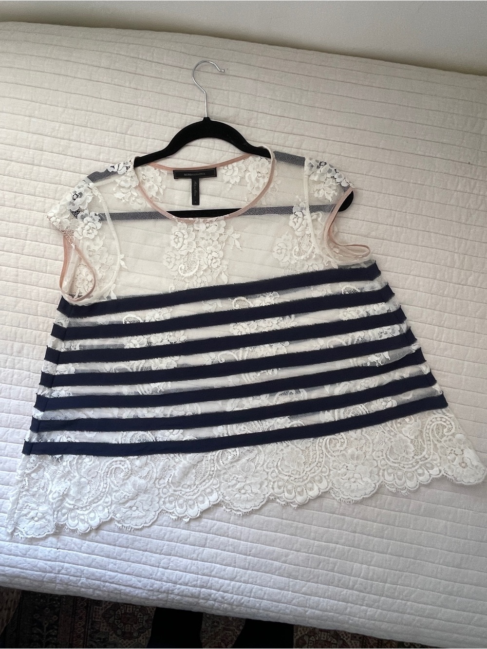 BCBGMAXAZRIA Echo Dark Ink Combo Lace Striped Top